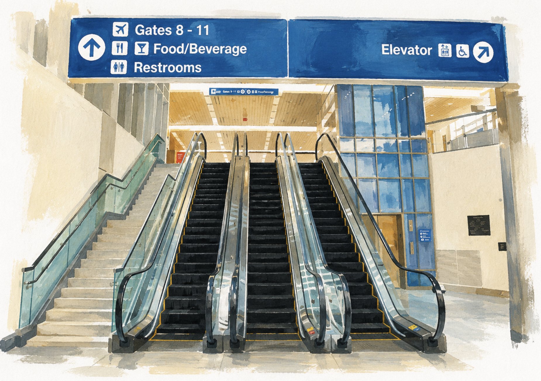 Watercolor painting of three airport escalators rising toward the gates beneath blue wayfinding signs for Gates 8-11, Food/Beverage, Restrooms, and the Elevator.